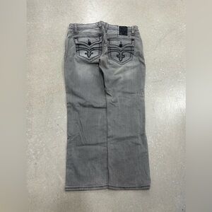 Rock Revival Jeans Men Grey Thick Stitch Studded Rock Punk Moto Flap Pockets Y2K